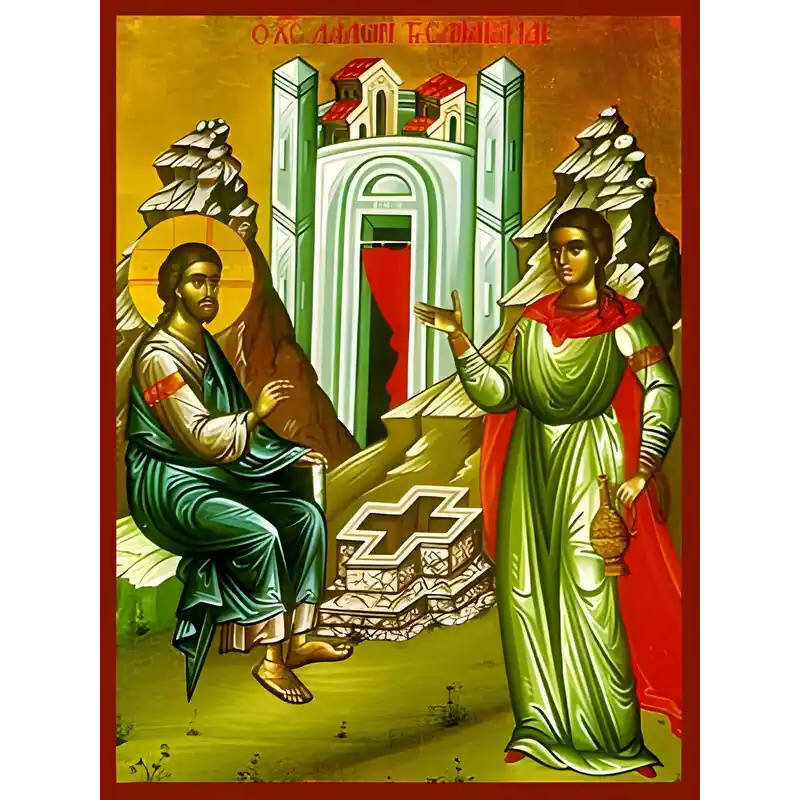 Σετ των 2 Εικόνα Ορθοδοξίας με περίγραμμα χρυσό σε ξύλο Φλαμουρίας  με  βάση Εικόνα ΧΡΙΣΤΟΣ ΛΑΛΩΝ ΤΗ ΣΑΜΑΡΕΙΤΙΔΙ Χειροποίητη Ελληνορθόδοξη εικόνα του Ιησού Χριστού, Κρεμαστή πλάκα βυζαντινής τέχνης, χριστιανική τέχνη Διάσταση 15x11 cm (5,9x4,3 ίντσες)  IN