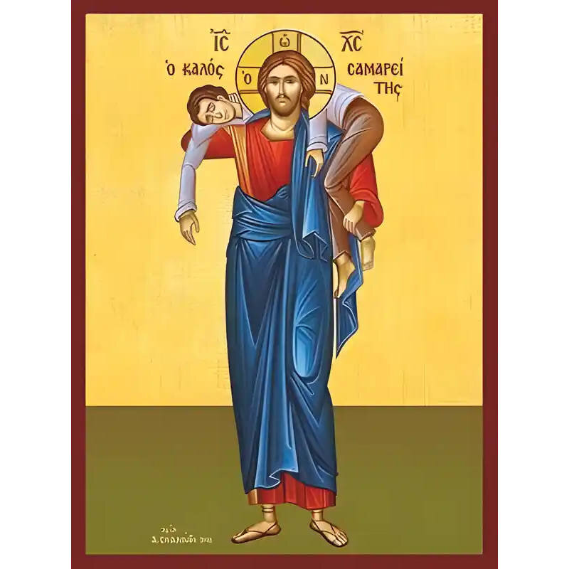 Σετ των 2 Εικόνα Ορθοδοξίας με περίγραμμα χρυσό σε ξύλο Φλαμουρίας  με  βάση Εικόνα ΧΡΙΣΤΟΣ, Ο ΚΑΛΟΣ ΣΑΜΑΡΕΙΤΗΣ Χειροποίητη Ελληνορθόδοξη εικόνα του Ιησού Χριστού, Κρεμαστή πλάκα βυζαντινής τέχνης, χριστιανική τέχνη Διάσταση 15x11 cm (5,9x4,3 ίντσες)  INT