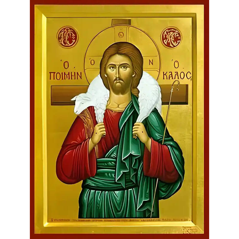 Σετ των 2 Εικόνα Ορθοδοξίας με περίγραμμα χρυσό σε ξύλο Φλαμουρίας  με  βάση Εικόνα ΧΡΙΣΤΟΣ, Ο ΠΟΙΜΗΝ Ο ΚΑΛΟΣ Χειροποίητη Ελληνορθόδοξη εικόνα του Ιησού Χριστού, Κρεμαστή πλάκα βυζαντινής τέχνης, χριστιανική τέχνη Διάσταση 15x11 cm (5,9x4,3 ίντσες)  INTRA