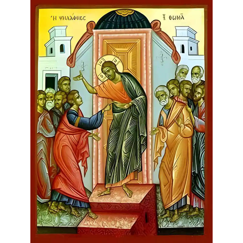 Σετ των 2 Εικόνα Ορθοδοξίας με περίγραμμα χρυσό σε ξύλο Φλαμουρίας  με  βάση Εικόνα ΨΗΛΑΦΙΣΙΣ ΘΩΜΑ Χειροποίητη Ελληνορθόδοξη εικόνα του Ιησού Χριστού, Κρεμαστή πλάκα βυζαντινής τέχνης, χριστιανική τέχνη Διάσταση 15x11 cm (5,9x4,3 ίντσες)  INTRAEK-33775786