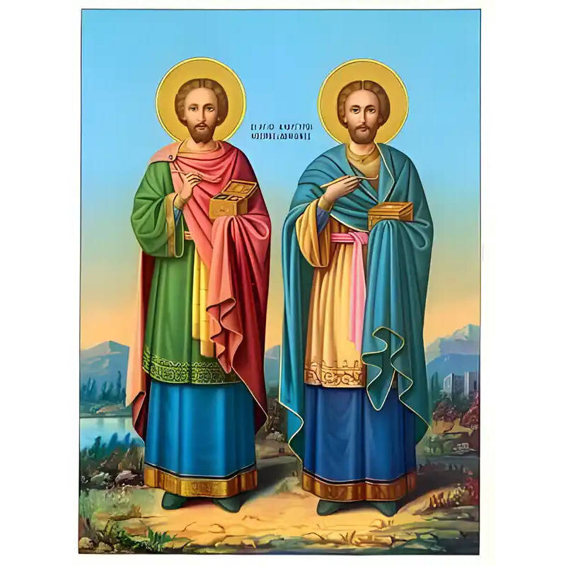 Σετ των 2 Εικόνα Ορθοδοξίας με περίγραμμα χρυσό σε ξύλο Φλαμουρίας  με  βάση Εικόνα ΑΓΙΟΙ ΑΝΑΡΓΥΡΟΙ ΚΟΣΜΑΣ ΚΑΙ ΔΑΜΙΑΝΟΣ, ΟΛΟΣΩΜΟΙ Χειροποίητη Ελληνορθόδοξη εικόνα του Ιησού Χριστού, Κρεμαστή πλάκα βυζαντινής τέχνης, χριστιανική τέχνη Διάσταση 15x11 cm (5,