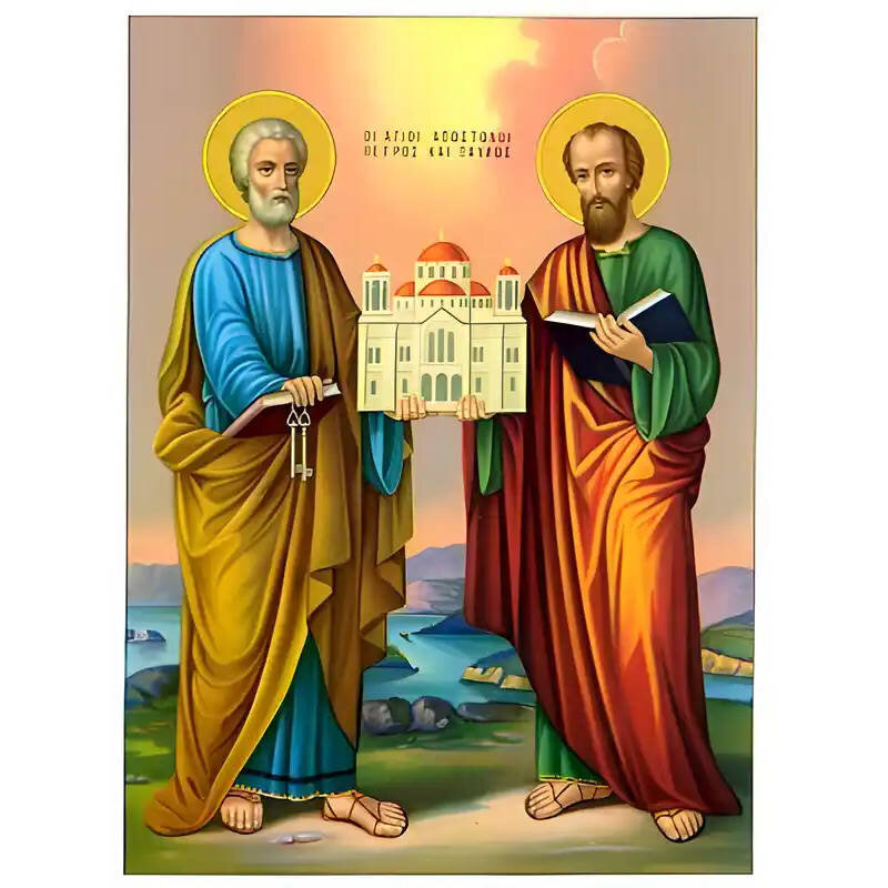 Σετ των 2 Εικόνα Ορθοδοξίας με περίγραμμα χρυσό σε ξύλο Φλαμουρίας  με  βάση Εικόνα ΑΓΙΟΙ ΑΠΟΣΤΟΛΟΙ ΠΕΤΡΟΣ &amp; ΠΑΥΛΟΣ, ΟΛΟΣΩΜΟΙ Χειροποίητη Ελληνορθόδοξη εικόνα του Ιησού Χριστού, Κρεμαστή πλάκα βυζαντινής τέχνης, χριστιανική τέχνη Διάσταση 15x11 cm (5,