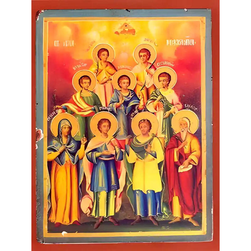 Σετ των 2 Εικόνα Ορθοδοξίας με περίγραμμα χρυσό σε ξύλο Φλαμουρίας  με  βάση Εικόνα ΑΓΙΟΙ ΕΠΤΑ ΜΑΚΚΑΒΑΙΟΙ ΜΑΡΤΥΡΕΣ Χειροποίητη Ελληνορθόδοξη εικόνα του Ιησού Χριστού, Κρεμαστή πλάκα βυζαντινής τέχνης, χριστιανική τέχνη Διάσταση 15x11 cm (5,9x4,3 ίντσες)