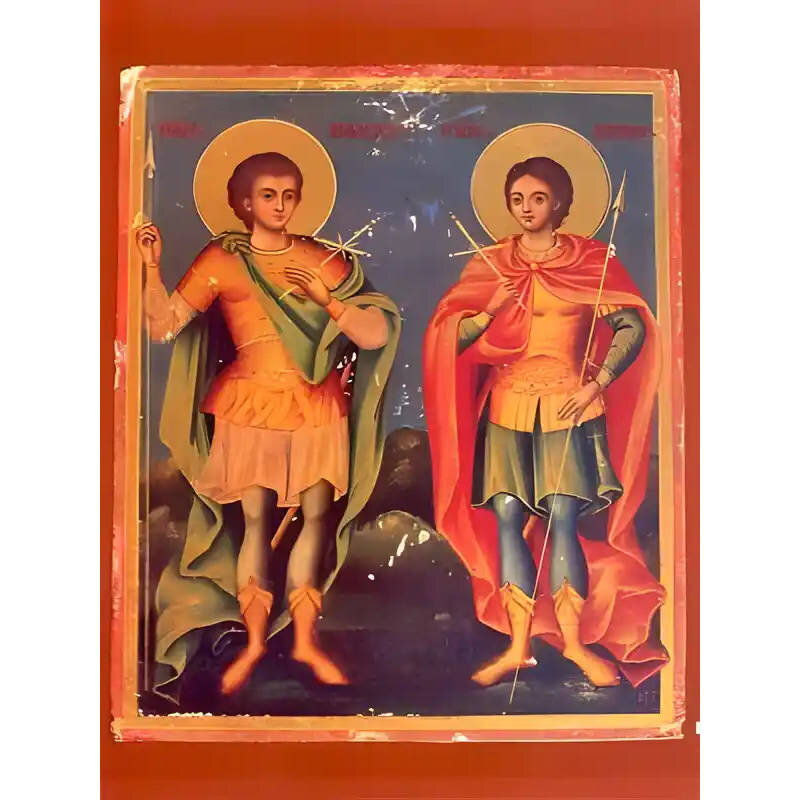 Σετ των 2 Εικόνα Ορθοδοξίας με περίγραμμα χρυσό σε ξύλο Φλαμουρίας  με  βάση Εικόνα ΑΓΙΟΙ ΣΕΡΓΙΟΣ ΚΑΙ ΒΑΚΧΟΣ, ΜΑΡΤΥΡΕΣ, ΟΛΟΣΩΜΟΙ Χειροποίητη Ελληνορθόδοξη εικόνα του Ιησού Χριστού, Κρεμαστή πλάκα βυζαντινής τέχνης, χριστιανική τέχνη Διάσταση 15x11 cm (5,9