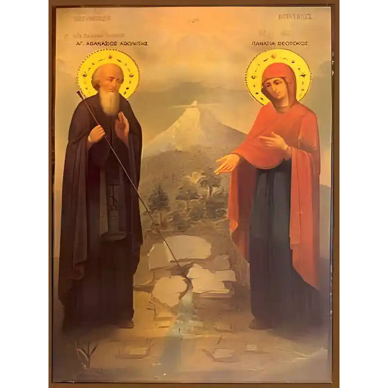 Σετ των 2 Εικόνα Ορθοδοξίας με περίγραμμα χρυσό σε ξύλο Φλαμουρίας  με  βάση Εικόνα ΑΓΙΟΣ ΑΘΑΝΑΣΙΟΣ ΑΘΩΝΙΤΗΣ ΚΑΙ ΤΟ ΘΑΥΜΑ ΤΗΣ ΠΑΝΑΓΙΑΣ Χειροποίητη Ελληνορθόδοξη εικόνα του Ιησού Χριστού, Κρεμαστή πλάκα βυζαντινής τέχνης, χριστιανική τέχνη Διάσταση 15x11 c