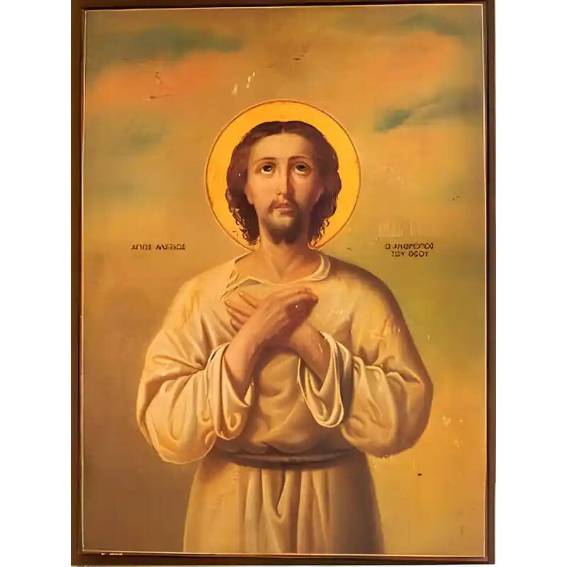 Σετ των 2 Εικόνα Ορθοδοξίας με περίγραμμα χρυσό σε ξύλο Φλαμουρίας  με  βάση Εικόνα ΑΓΙΟΣ ΑΛΕΞΙΟΣ, Ο ΑΝΘΡΩΠΟΣ ΤΟΥ ΘΕΟΥ Χειροποίητη Ελληνορθόδοξη εικόνα του Ιησού Χριστού, Κρεμαστή πλάκα βυζαντινής τέχνης, χριστιανική τέχνη Διάσταση 15x11 cm (5,9x4,3 ίντσε