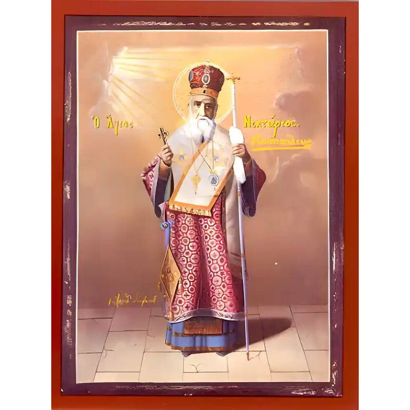 Σετ των 2 Εικόνα Ορθοδοξίας με περίγραμμα χρυσό σε ξύλο Φλαμουρίας  με  βάση Εικόνα ΑΓΙΟΣ ΝΕΚΤΑΡΙΟΣ ΠΕΝΤΑΠΟΛΕΩΣ, Ο ΕΝ ΑΙΓΙΝΗ, ΟΛΟΣΩΜΟΣ Χειροποίητη Ελληνορθόδοξη εικόνα του Ιησού Χριστού, Κρεμαστή πλάκα βυζαντινής τέχνης, χριστιανική τέχνη Διάσταση 15x11 c