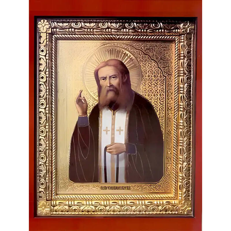 Σετ των 2 Εικόνα Ορθοδοξίας με περίγραμμα χρυσό σε ξύλο Φλαμουρίας  με  βάση Εικόνα ΑΓΙΟΣ ΣΕΡΑΦΕΙΜ, ΤΟΥ ΣΑΡΩΦ Χειροποίητη Ελληνορθόδοξη εικόνα του Ιησού Χριστού, Κρεμαστή πλάκα βυζαντινής τέχνης, χριστιανική τέχνη Διάσταση 15x11 cm (5,9x4,3 ίντσες)  INTRA