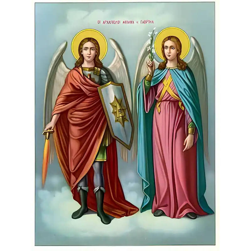 Σετ των 2 Εικόνα Ορθοδοξίας με περίγραμμα χρυσό σε ξύλο Φλαμουρίας  με  βάση Εικόνα ΑΡΧΑΓΓΕΛΟΙ ΜΙΧΑΗΛ ΚΑΙ ΓΑΒΡΙΗΛ, ΟΛΟΣΩΜΟΙ Χειροποίητη Ελληνορθόδοξη εικόνα του Ιησού Χριστού, Κρεμαστή πλάκα βυζαντινής τέχνης, χριστιανική τέχνη Διάσταση 15x11 cm (5,9x4,3