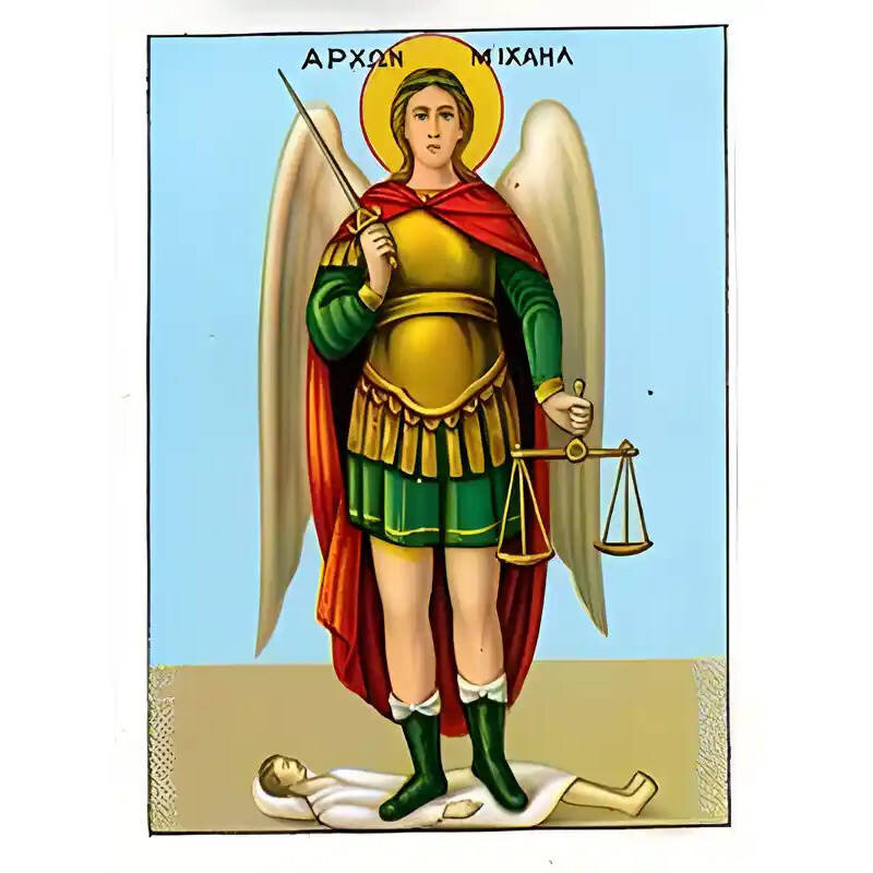 Σετ των 2 Εικόνα Ορθοδοξίας με περίγραμμα χρυσό σε ξύλο Φλαμουρίας  με  βάση Εικόνα ΑΡΧΩΝ ΜΙΧΑΗΛ, ΜΕ ΨΥΧΗ, ΟΛΟΣΩΜΟΣ Χειροποίητη Ελληνορθόδοξη εικόνα του Ιησού Χριστού, Κρεμαστή πλάκα βυζαντινής τέχνης, χριστιανική τέχνη Διάσταση 15x11 cm (5,9x4,3 ίντσες)