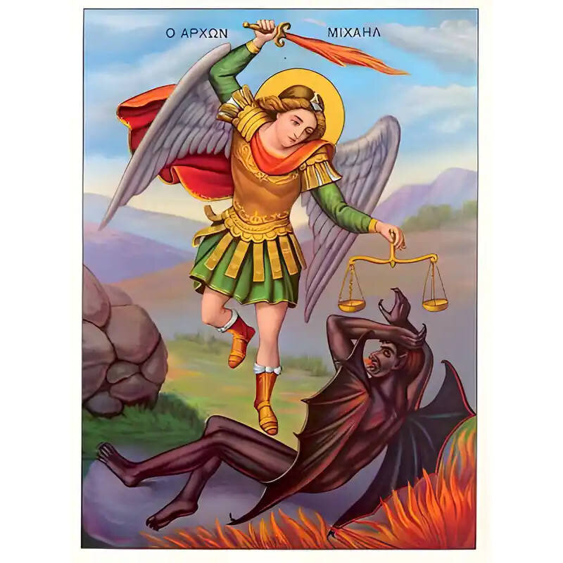 Σετ των 2 Εικόνα Ορθοδοξίας με περίγραμμα χρυσό σε ξύλο Φλαμουρίας  με  βάση Εικόνα ΑΡΧΩΝ ΜΙΧΑΗΛ, ΟΛΟΣΩΜΟΣ Χειροποίητη Ελληνορθόδοξη εικόνα του Ιησού Χριστού, Κρεμαστή πλάκα βυζαντινής τέχνης, χριστιανική τέχνη Διάσταση 15x11 cm (5,9x4,3 ίντσες)  INTRAEK-