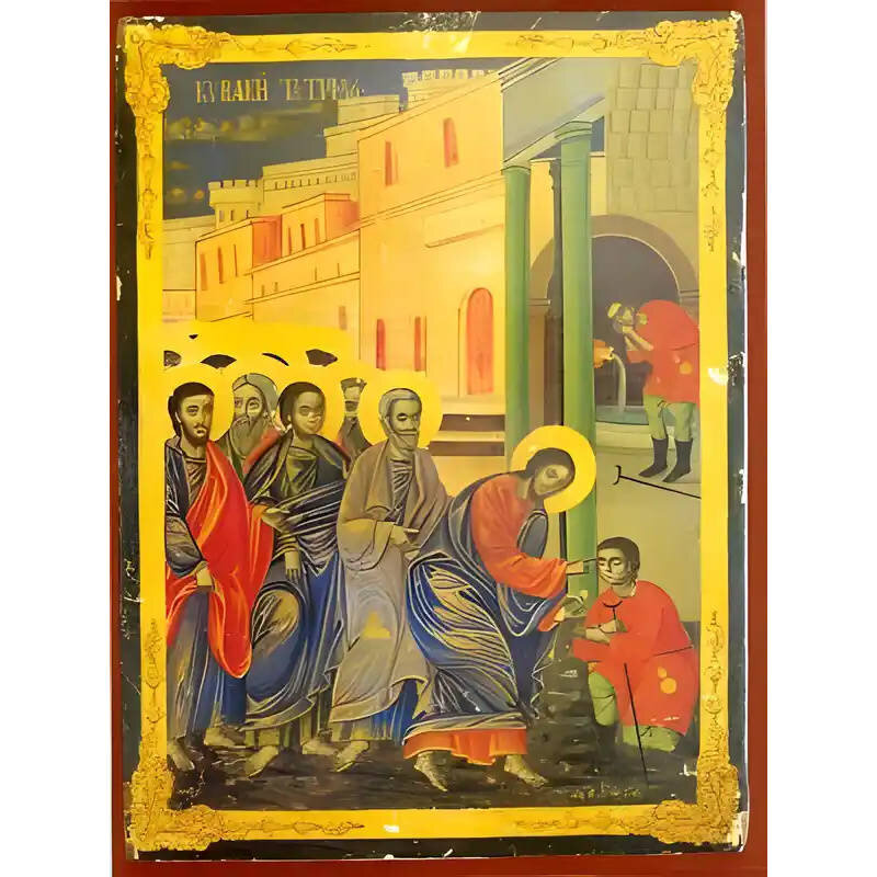 Σετ των 2 Εικόνα Ορθοδοξίας με περίγραμμα χρυσό σε ξύλο Φλαμουρίας  με  βάση Εικόνα ΚΥΡΙΑΚΗ ΤΟΥ ΤΥΦΛΟΥ Χειροποίητη Ελληνορθόδοξη εικόνα του Ιησού Χριστού, Κρεμαστή πλάκα βυζαντινής τέχνης, χριστιανική τέχνη Διάσταση 15x11 cm (5,9x4,3 ίντσες)  INTRAEK-3377