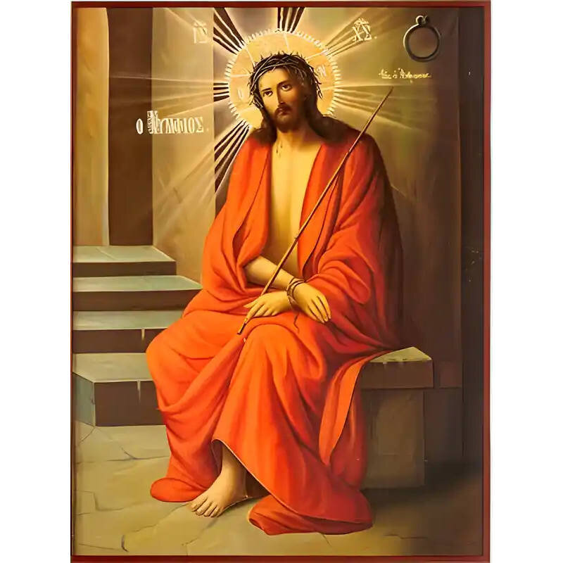 Σετ των 2 Εικόνα Ορθοδοξίας με περίγραμμα χρυσό σε ξύλο Φλαμουρίας  με  βάση Εικόνα ΝΥΜΦΙΟΣ, ΙΔΕ Ο ΑΝΘΡΩΠΟΣ, ΟΛΟΣΩΜΟΣ Χειροποίητη Ελληνορθόδοξη εικόνα του Ιησού Χριστού, Κρεμαστή πλάκα βυζαντινής τέχνης, χριστιανική τέχνη Διάσταση 15x11 cm (5,9x4,3 ίντσες