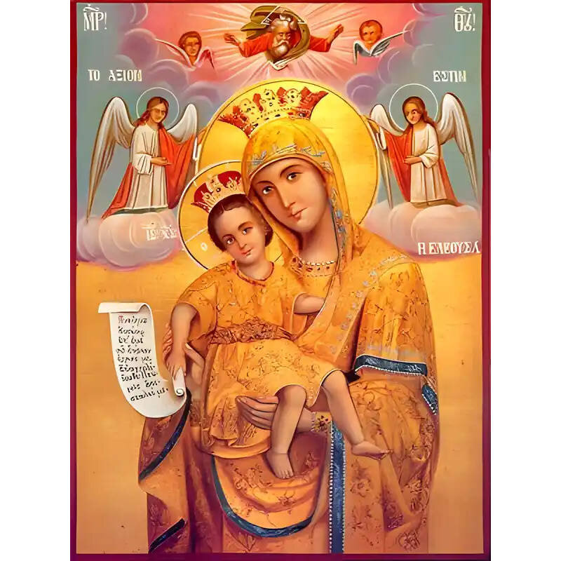 Σετ των 2 Εικόνα Ορθοδοξίας με περίγραμμα χρυσό σε ξύλο Φλαμουρίας  με  βάση Εικόνα ΠΑΝΑΓΙΑ ΜΕ ΧΡΙΣΤΟ, ΕΛΕΟΥΣΑ, ΑΞΙΟΝ ΕΣΤΙ Χειροποίητη Ελληνορθόδοξη εικόνα του Ιησού Χριστού, Κρεμαστή πλάκα βυζαντινής τέχνης, χριστιανική τέχνη Διάσταση 15x11 cm (5,9x4,3 ί