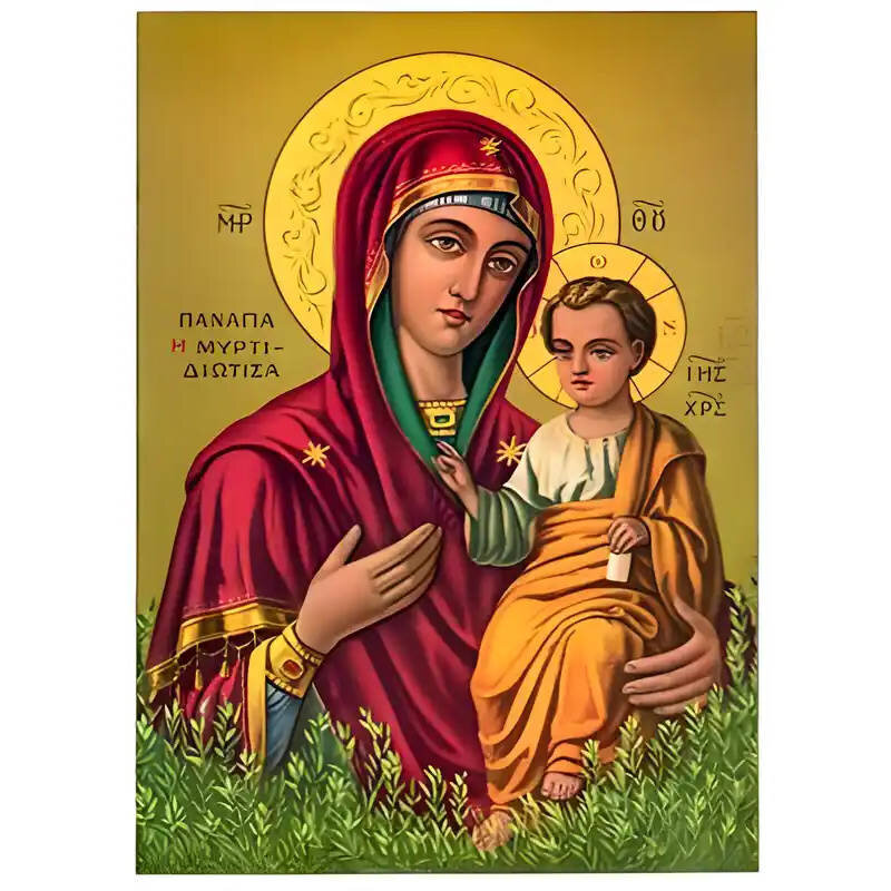 Σετ των 2 Εικόνα Ορθοδοξίας με περίγραμμα χρυσό σε ξύλο Φλαμουρίας  με  βάση Εικόνα ΠΑΝΑΓΙΑ ΜΕ ΧΡΙΣΤΟ, ΟΔΗΓΗΤΡΙΑ, ΜΥΡΤΙΔΙΩΤΙΣΣΑ Χειροποίητη Ελληνορθόδοξη εικόνα του Ιησού Χριστού, Κρεμαστή πλάκα βυζαντινής τέχνης, χριστιανική τέχνη Διάσταση 15x11 cm (5,9x