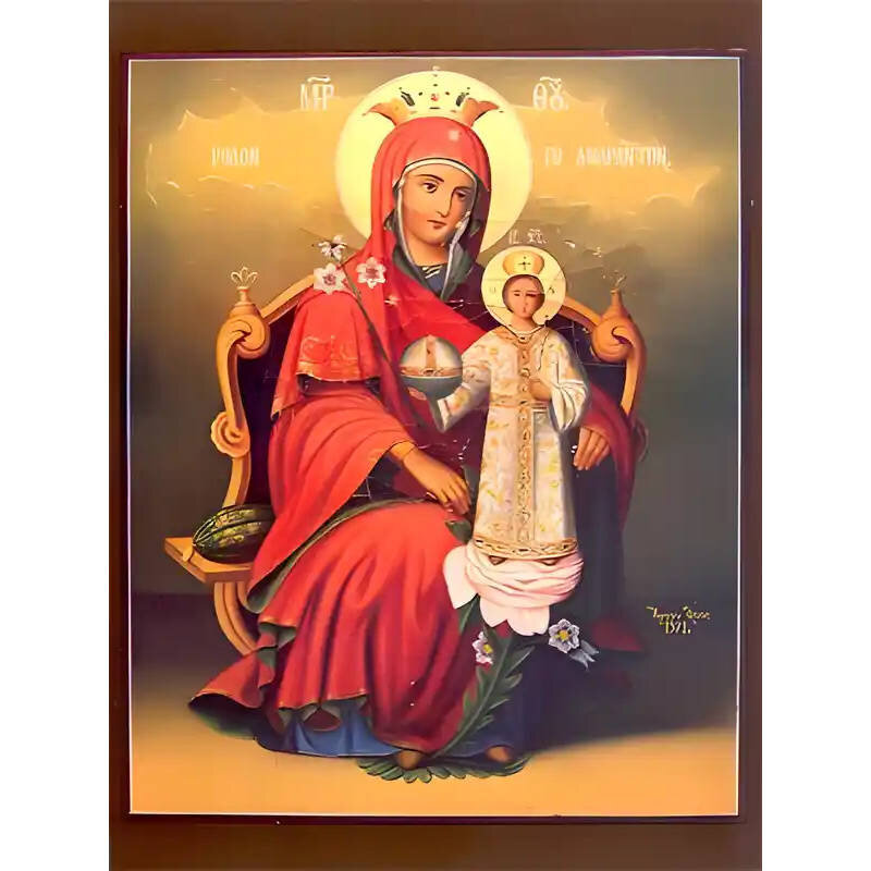 Σετ των 2 Εικόνα Ορθοδοξίας με περίγραμμα χρυσό σε ξύλο Φλαμουρίας  με  βάση Εικόνα ΠΑΝΑΓΙΑ ΜΕ ΧΡΙΣΤΟ, ΡΟΔΟ ΤΟ ΑΜΑΡΑΝΤΟ, ΕΝΘΡΟΝΟΣ Χειροποίητη Ελληνορθόδοξη εικόνα του Ιησού Χριστού, Κρεμαστή πλάκα βυζαντινής τέχνης, χριστιανική τέχνη Διάσταση 15x11 cm (5,