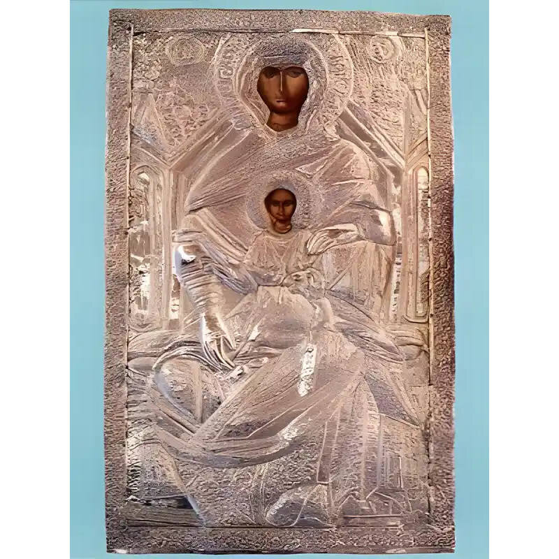 Σετ των 2 Εικόνα Ορθοδοξίας με περίγραμμα χρυσό σε ξύλο Φλαμουρίας  με  βάση Εικόνα ΠΑΝΑΓΙΑ ΜΕ ΧΡΙΣΤΟ, ΧΡΥΣΟΛΕΟΝΤΙΣΣΑ, ΕΝΘΡΟΝΟΣ Χειροποίητη Ελληνορθόδοξη εικόνα του Ιησού Χριστού, Κρεμαστή πλάκα βυζαντινής τέχνης, χριστιανική τέχνη Διάσταση 15x11 cm (5,9x