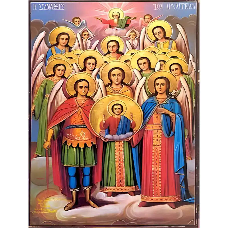 Σετ των 2 Εικόνα Ορθοδοξίας με περίγραμμα χρυσό σε ξύλο Φλαμουρίας  με  βάση Εικόνα ΣΥΝΑΞΙΣ ΑΡΧΑΓΓΕΛΩΝ Χειροποίητη Ελληνορθόδοξη εικόνα του Ιησού Χριστού, Κρεμαστή πλάκα βυζαντινής τέχνης, χριστιανική τέχνη Διάσταση 15x11 cm (5,9x4,3 ίντσες)  INTRAEK-3377