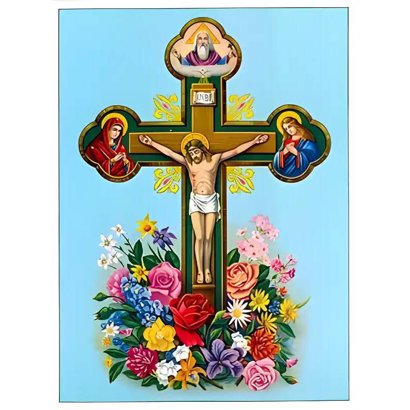 Σετ των 2 Εικόνα Ορθοδοξίας με περίγραμμα χρυσό σε ξύλο Φλαμουρίας  με  βάση Εικόνα ΧΡΙΣΤΟΣ ΕΣΤΑΥΡΩΜΕΝΟΣ, ΜΕ ΑΝΘΗ Χειροποίητη Ελληνορθόδοξη εικόνα του Ιησού Χριστού, Κρεμαστή πλάκα βυζαντινής τέχνης, χριστιανική τέχνη Διάσταση 15x11 cm (5,9x4,3 ίντσες)  I