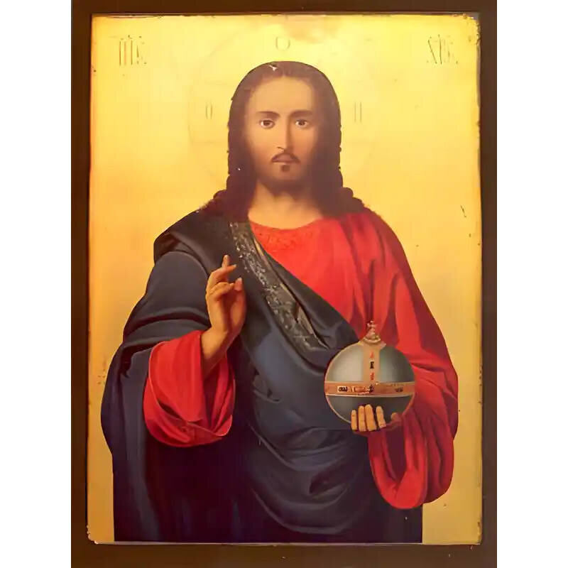 Σετ των 2 Εικόνα Ορθοδοξίας με περίγραμμα χρυσό σε ξύλο Φλαμουρίας  με  βάση Εικόνα ΧΡΙΣΤΟΣ ΕΥΛΟΓΩΝ, ΠΑΝΤΟΚΡΑΤΩΡ Χειροποίητη Ελληνορθόδοξη εικόνα του Ιησού Χριστού, Κρεμαστή πλάκα βυζαντινής τέχνης, χριστιανική τέχνη Διάσταση 15x11 cm (5,9x4,3 ίντσες)  IN