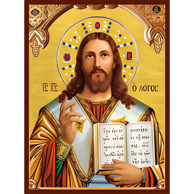 Σετ των 2 Εικόνα Ορθοδοξίας με περίγραμμα χρυσό σε ξύλο Φλαμουρίας  με  βάση Εικόνα ΧΡΙΣΤΟΣ ΕΥΛΟΓΩΝ: ΕΝ ΑΡΧΗ ΗΝ Ο ΛΟΓΟΣ Χειροποίητη Ελληνορθόδοξη εικόνα του Ιησού Χριστού, Κρεμαστή πλάκα βυζαντινής τέχνης, χριστιανική τέχνη Διάσταση 15x11 cm (5,9x4,3 ίντσ