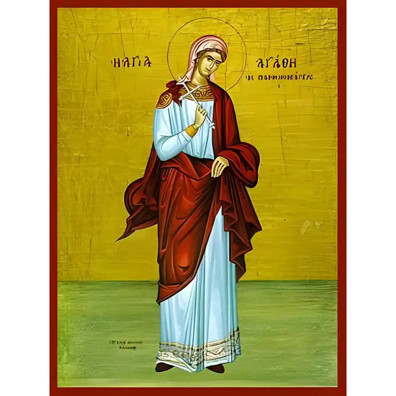 Σετ των 2 Εικόνα Ορθοδοξίας με περίγραμμα χρυσό σε ξύλο Φλαμουρίας  με  βάση Εικόνα ΑΓΙΑ ΑΓΑΘΗ, ΠΑΡΘΕΝΟΜΑΡΤΥΣ, ΟΛΟΣΩΜΗ Χειροποίητη Ελληνορθόδοξη εικόνα του Ιησού Χριστού, Κρεμαστή πλάκα βυζαντινής τέχνης, χριστιανική τέχνη 21x15 cm (8,3x5,9 ίντσες) INTRAE