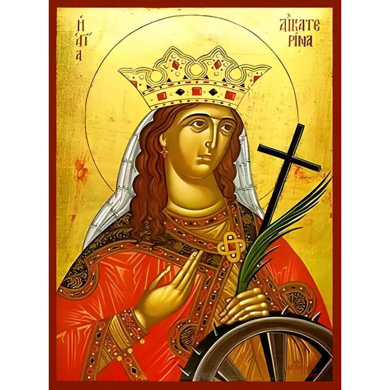 Σετ των 2 Εικόνα Ορθοδοξίας με περίγραμμα χρυσό σε ξύλο Φλαμουρίας  με  βάση Εικόνα ΑΓΙΑ ΑΙΚΑΤΕΡΙΝΗ Η ΜΕΓΑΛΟΜΑΡΤΥΣ, ΑΛΕΞΑΝΔΡΕΙΑΣ Χειροποίητη Ελληνορθόδοξη εικόνα του Ιησού Χριστού, Κρεμαστή πλάκα βυζαντινής τέχνης, χριστιανική τέχνη 21x15 cm (8,3x5,9 ίντσ