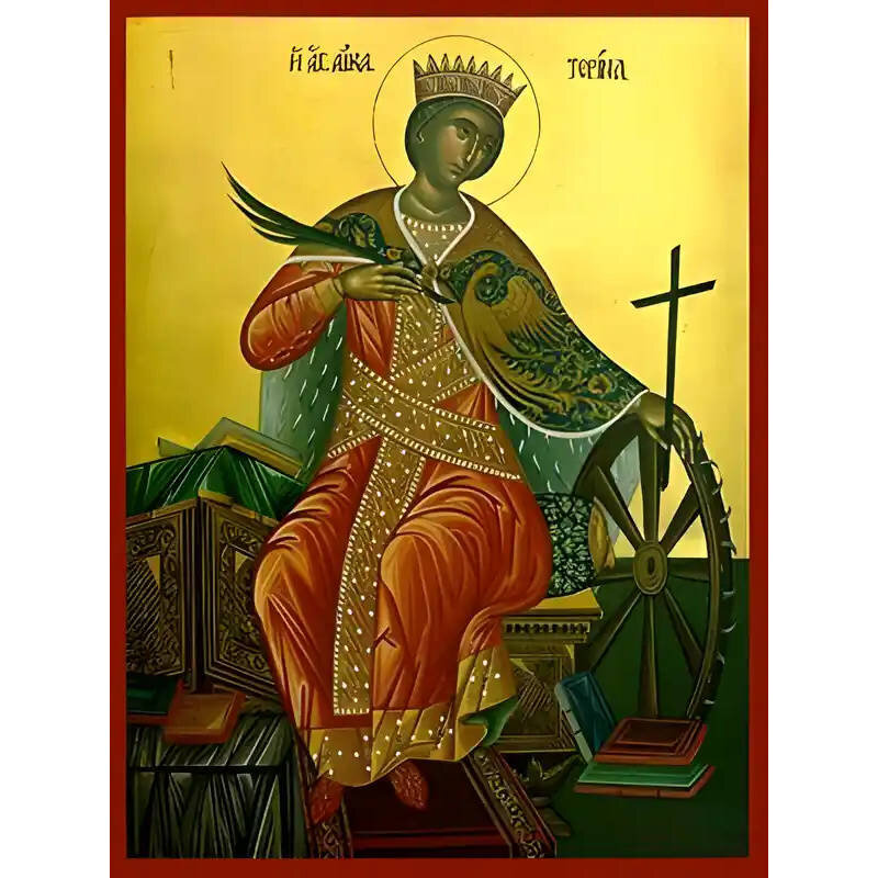 Σετ των 2 Εικόνα Ορθοδοξίας με περίγραμμα χρυσό σε ξύλο Φλαμουρίας  με  βάση Εικόνα ΑΓΙΑ ΑΙΚΑΤΕΡΙΝΗ Η ΜΕΓΑΛΟΜΑΡΤΥΣ, ΑΛΕΞΑΝΔΡΕΙΑΣ, ΕΝΘΡΟΝΟΣ Χειροποίητη Ελληνορθόδοξη εικόνα του Ιησού Χριστού, Κρεμαστή πλάκα βυζαντινής τέχνης, χριστιανική τέχνη 21x15 cm (8,