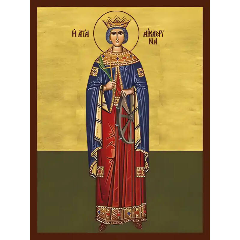 Σετ των 2 Εικόνα Ορθοδοξίας με περίγραμμα χρυσό σε ξύλο Φλαμουρίας  με  βάση Εικόνα ΑΓΙΑ ΑΙΚΑΤΕΡΙΝΗ Η ΜΕΓΑΛΟΜΑΡΤΥΣ, ΑΛΕΞΑΝΔΡΕΙΑΣ, ΟΛΟΣΩΜΗ Χειροποίητη Ελληνορθόδοξη εικόνα του Ιησού Χριστού, Κρεμαστή πλάκα βυζαντινής τέχνης, χριστιανική τέχνη 21x15 cm (8,3