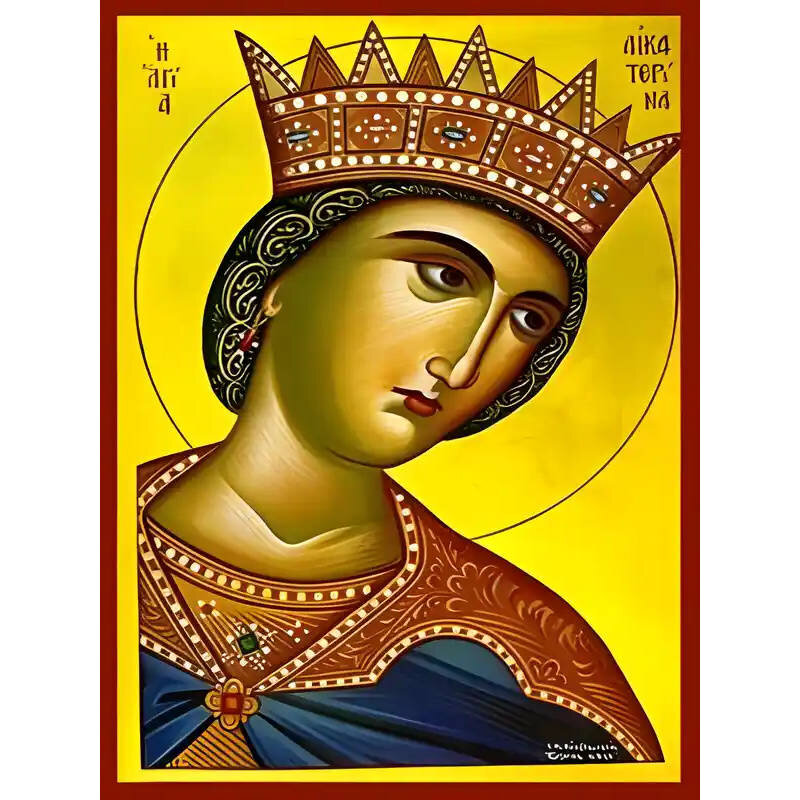 Σετ των 2 Εικόνα Ορθοδοξίας με περίγραμμα χρυσό σε ξύλο Φλαμουρίας  με  βάση Εικόνα ΑΓΙΑ ΑΙΚΑΤΕΡΙΝΗ Η ΜΕΓΑΛΟΜΑΡΤΥΣ, ΑΛΕΞΑΝΔΡΕΙΑΣ, ΠΡΟΤΟΜΗ Χειροποίητη Ελληνορθόδοξη εικόνα του Ιησού Χριστού, Κρεμαστή πλάκα βυζαντινής τέχνης, χριστιανική τέχνη 21x15 cm (8,3