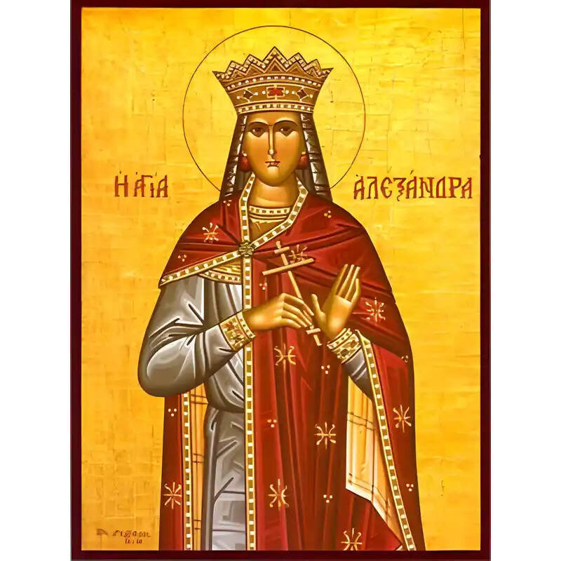 Σετ των 2 Εικόνα Ορθοδοξίας με περίγραμμα χρυσό σε ξύλο Φλαμουρίας  με  βάση Εικόνα ΑΓΙΑ ΑΛΕΞΑΝΔΡΑ, ΜΑΡΤΥΣ, Η ΑΥΤΟΚΡΑΤΕΙΡΑ, ΣΥΖΥΓΟΣ ΔΙΟΚΛΗΤΙΑΝΟΥ Χειροποίητη Ελληνορθόδοξη εικόνα του Ιησού Χριστού, Κρεμαστή πλάκα βυζαντινής τέχνης, χριστιανική τέχνη 21x15
