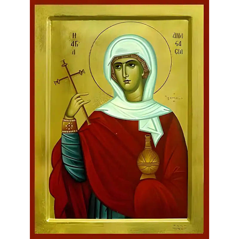 Σετ των 2 Εικόνα Ορθοδοξίας με περίγραμμα χρυσό σε ξύλο Φλαμουρίας  με  βάση Εικόνα ΑΓΙΑ ΑΝΑΣΤΑΣΙΑ, Η ΜΕΓΑΛΟΜΑΡΤΥΣ, Η ΦΑΡΜΑΚΟΛΥΤΡΙΑ Χειροποίητη Ελληνορθόδοξη εικόνα του Ιησού Χριστού, Κρεμαστή πλάκα βυζαντινής τέχνης, χριστιανική τέχνη 21x15 cm (8,3x5,9 ί