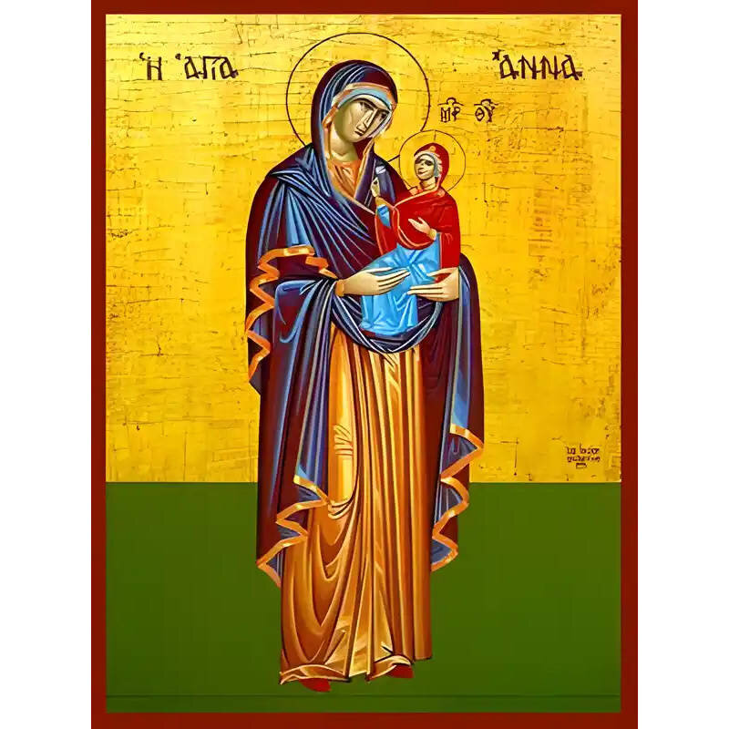 Σετ των 2 Εικόνα Ορθοδοξίας με περίγραμμα χρυσό σε ξύλο Φλαμουρίας  με  βάση Εικόνα ΑΓΙΑ ΑΝΝΑ ΜΕ ΠΑΝΑΓΙΑ, ΟΛΟΣΩΜΗ Χειροποίητη Ελληνορθόδοξη εικόνα του Ιησού Χριστού, Κρεμαστή πλάκα βυζαντινής τέχνης, χριστιανική τέχνη 21x15 cm (8,3x5,9 ίντσες) INTRAEK-664