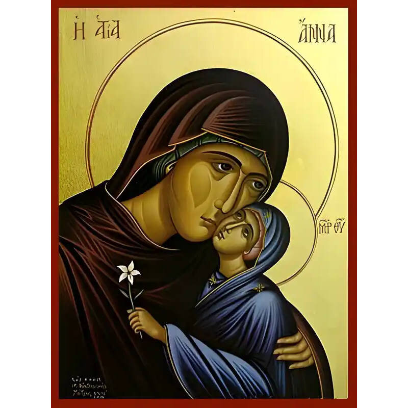 Σετ των 2 Εικόνα Ορθοδοξίας με περίγραμμα χρυσό σε ξύλο Φλαμουρίας  με  βάση Εικόνα ΑΓΙΑ ΑΝΝΑ ΜΕ ΠΑΝΑΓΙΑ, ΠΡΟΤΟΜΗ Χειροποίητη Ελληνορθόδοξη εικόνα του Ιησού Χριστού, Κρεμαστή πλάκα βυζαντινής τέχνης, χριστιανική τέχνη 21x15 cm (8,3x5,9 ίντσες) INTRAEK-664