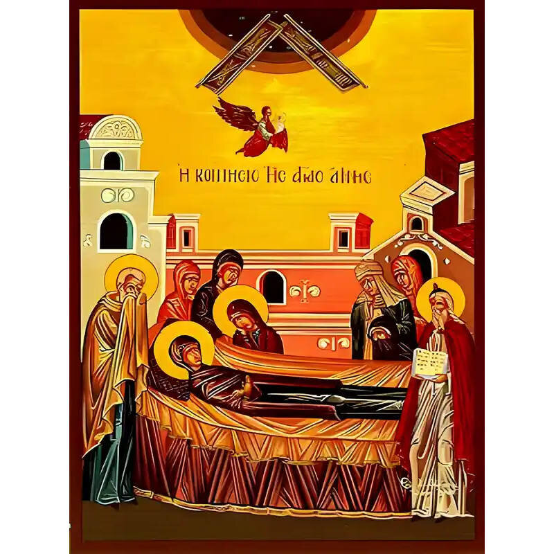 Σετ των 2 Εικόνα Ορθοδοξίας με περίγραμμα χρυσό σε ξύλο Φλαμουρίας  με  βάση Εικόνα ΑΓΙΑ ΑΝΝΑ, Η ΚΟΙΜΗΣΙΣ Χειροποίητη Ελληνορθόδοξη εικόνα του Ιησού Χριστού, Κρεμαστή πλάκα βυζαντινής τέχνης, χριστιανική τέχνη 21x15 cm (8,3x5,9 ίντσες) INTRAEK-66497757865