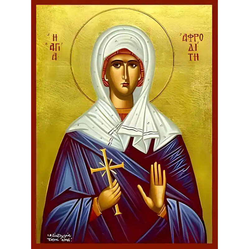 Σετ των 2 Εικόνα Ορθοδοξίας με περίγραμμα χρυσό σε ξύλο Φλαμουρίας  με  βάση Εικόνα ΑΓΙΑ ΑΦΡΟΔΙΤΗ, ΠΑΡΘΕΝΟΜΑΡΤΥΣ Χειροποίητη Ελληνορθόδοξη εικόνα του Ιησού Χριστού, Κρεμαστή πλάκα βυζαντινής τέχνης, χριστιανική τέχνη 21x15 cm (8,3x5,9 ίντσες) INTRAEK-6649