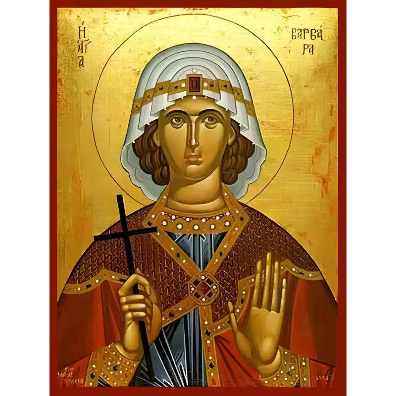 Σετ των 2 Εικόνα Ορθοδοξίας με περίγραμμα χρυσό σε ξύλο Φλαμουρίας  με  βάση Εικόνα ΑΓΙΑ ΒΑΡΒΑΡΑ, Η ΜΕΓΑΛΟΜΑΡΤΥΣ Χειροποίητη Ελληνορθόδοξη εικόνα του Ιησού Χριστού, Κρεμαστή πλάκα βυζαντινής τέχνης, χριστιανική τέχνη 21x15 cm (8,3x5,9 ίντσες) INTRAEK-6649