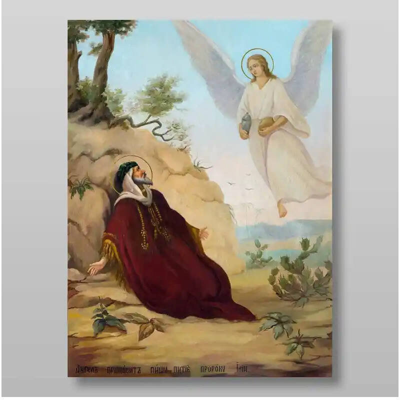 Εικόνα Ορθοδοξίας με περίγραμμα χρυσό σε ξύλο Φλαμουρίας  με  βάση Ένας άγγελος ταΐζει τον προφήτη Ηλία Χειροποίητη Ελληνορθόδοξη , Κρεμαστή πλάκα βυζαντινής τέχνης, χριστιανική τέχνη Διάσταση 50x40 cm (19,7 x 15,8 ίντσες) INTRAEK-65432890