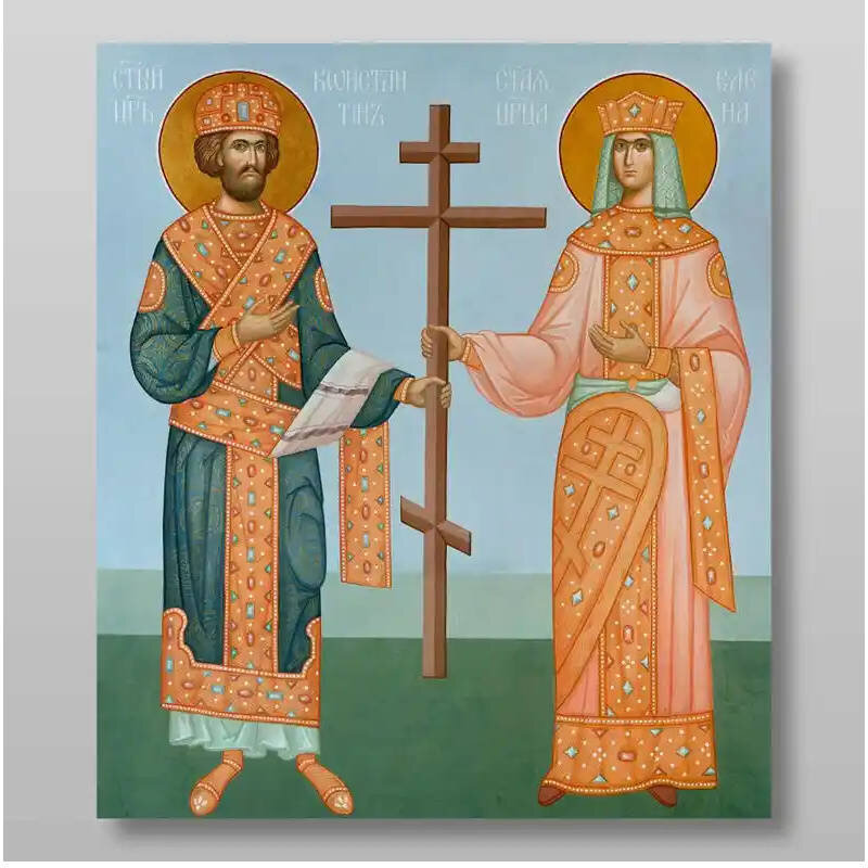 Εικόνα Ορθοδοξίας με περίγραμμα χρυσό σε ξύλο Φλαμουρίας  με  βάση Οι άγιοι Κωνσταντίνου και Έλενας, ισάξιοι των Αποστόλων, Χειροποίητη Ελληνορθόδοξη , Κρεμαστή πλάκα βυζαντινής τέχνης, χριστιανική τέχνη Διάσταση 50x40 cm (19,7 x 15,8 ίντσες) INTRAEK-6543