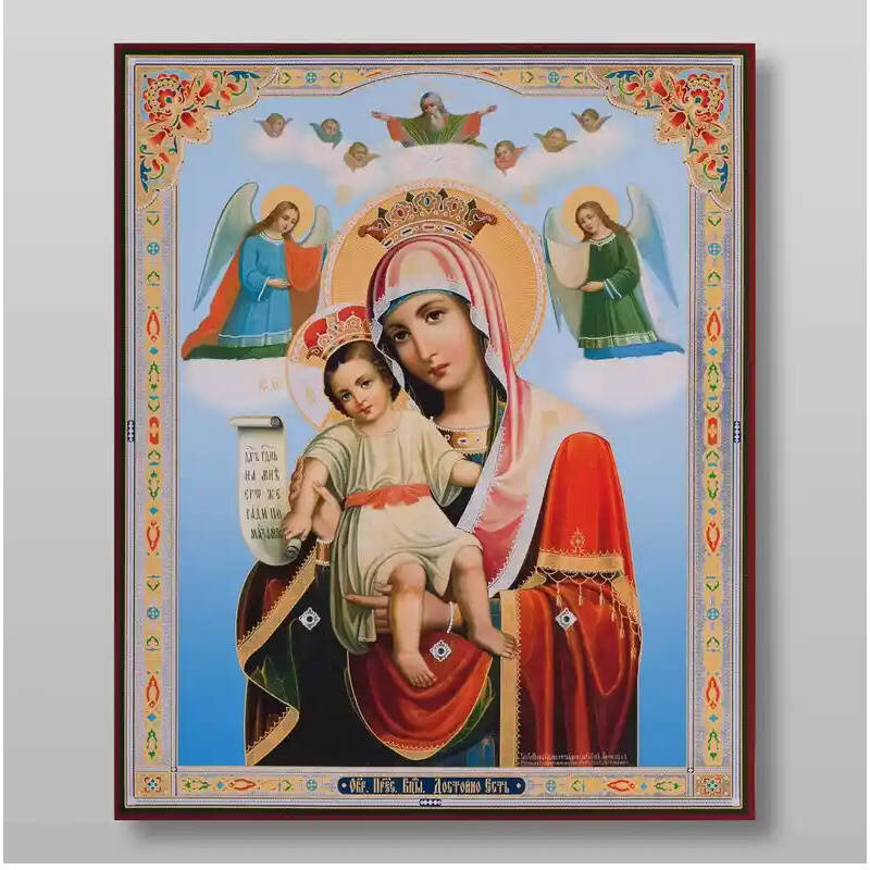 Εικόνα Ορθοδοξίας με περίγραμμα χρυσό σε ξύλο Φλαμουρίας  με  βάση Εικόνα της Μητέρας του Θεού It is Truly Meet Χειροποίητη Ελληνορθόδοξη , Κρεμαστή πλάκα βυζαντινής τέχνης, χριστιανική τέχνη Διάσταση 50x40 cm (19,7 x 15,8 ίντσες) INTRAEK-65432839