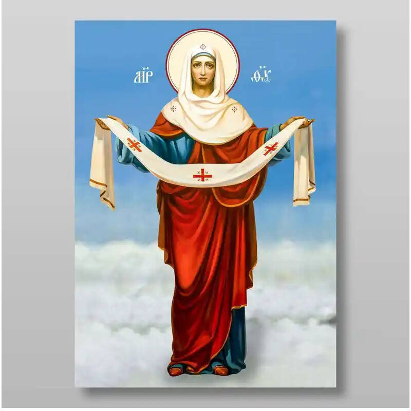 Εικόνα Ορθοδοξίας με περίγραμμα χρυσό σε ξύλο Φλαμουρίας  με  βάση Pokrov Εικόνα της Μητέρας του Θεού Χειροποίητη Ελληνορθόδοξη , Κρεμαστή πλάκα βυζαντινής τέχνης, χριστιανική τέχνη Διάσταση 50x40 cm (19,7 x 15,8 ίντσες) INTRAEK-65432831