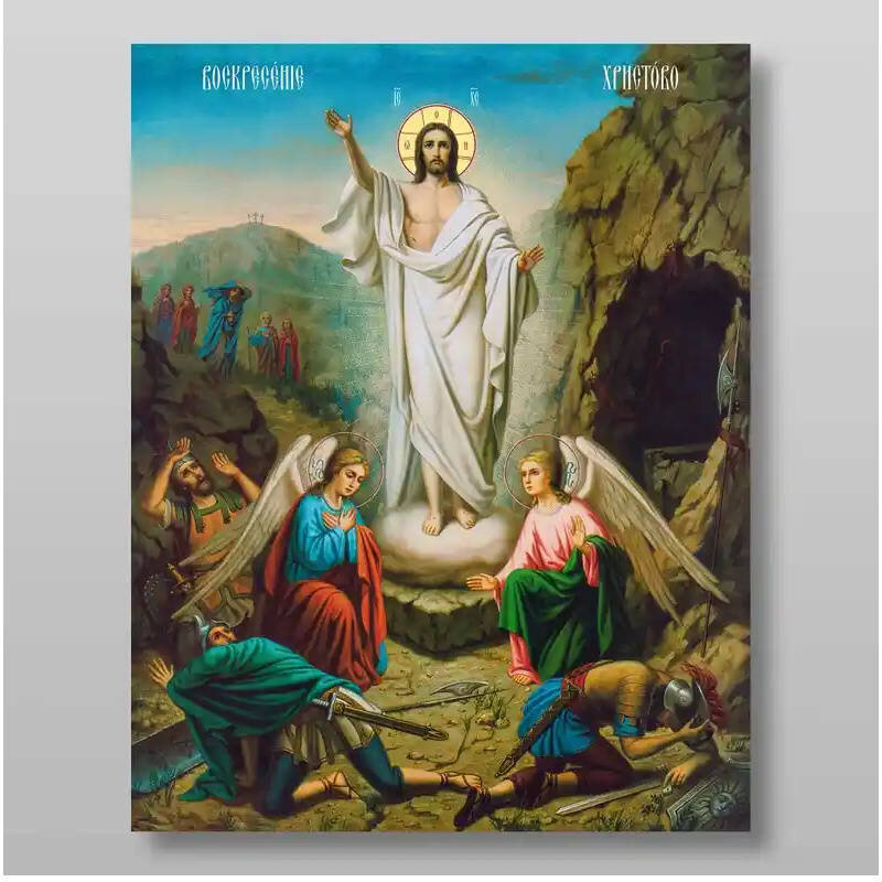 Εικόνα Ορθοδοξίας με περίγραμμα χρυσό σε ξύλο Φλαμουρίας  με  βάση Ανάσταση του Χριστού Χειροποίητη Ελληνορθόδοξη , Κρεμαστή πλάκα βυζαντινής τέχνης, χριστιανική τέχνη Διάσταση 50x40 cm (19,7 x 15,8 ίντσες) INTRAEK-65432829