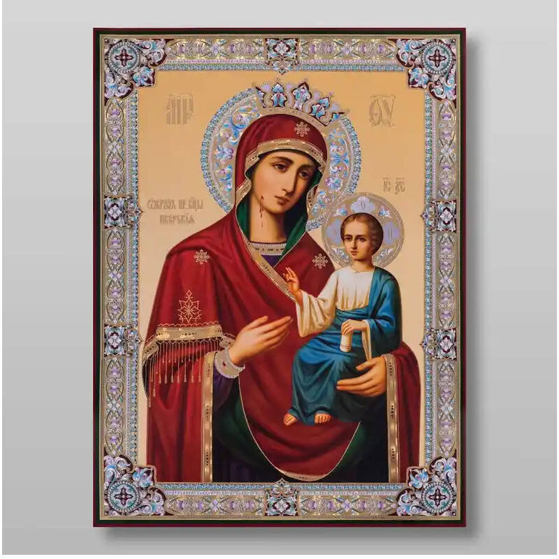Εικόνα Ορθοδοξίας με περίγραμμα χρυσό σε ξύλο Φλαμουρίας  με  βάση Εικόνα της Θεοτόκου Ιβήρων Χειροποίητη Ελληνορθόδοξη , Κρεμαστή πλάκα βυζαντινής τέχνης, χριστιανική τέχνη Διάσταση 50x40 cm (19,7 x 15,8 ίντσες) INTRAEK-65432807