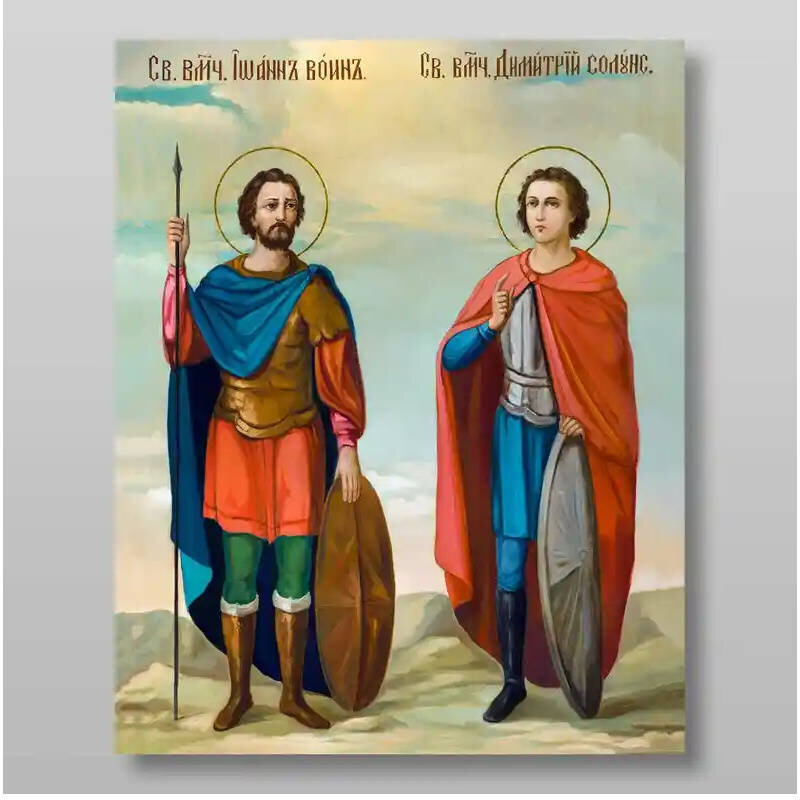 Εικόνα Ορθοδοξίας με περίγραμμα χρυσό σε ξύλο Φλαμουρίας  με  βάση Ιωάννης ο Πολεμιστής και Μάρτυρες Δημήτριος ο Θεσσαλονικιός, Χειροποίητη Ελληνορθόδοξη , Κρεμαστή πλάκα βυζαντινής τέχνης, χριστιανική τέχνη Διάσταση 50x40 cm (19,7 x 15,8 ίντσες) INTRAEK-