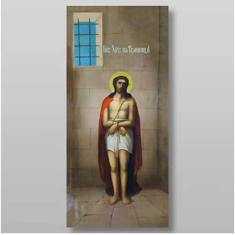 Εικόνα Ορθοδοξίας με περίγραμμα χρυσό σε ξύλο Φλαμουρίας  με  βάση Ο Χριστός στη φυλακή Χειροποίητη Ελληνορθόδοξη , Κρεμαστή πλάκα βυζαντινής τέχνης, χριστιανική τέχνη Διάσταση 50x40 cm (19,7 x 15,8 ίντσες) INTRAEK-65432720