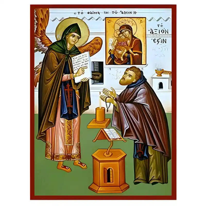 Σετ των 2 Εικόνα Ορθοδοξίας με περίγραμμα χρυσό σε ξύλο Φλαμουρίας  με  βάση Εικόνα Άξιον Εστί, το θαύμα εν τω Άδειν Χειροποίητη Ελληνορθόδοξη , Κρεμαστή πλάκα βυζαντινής τέχνης, χριστιανική τέχνη Διάσταση 10x7 cm (3,9 x 2,8 ίντσες) INTRAEK-671354