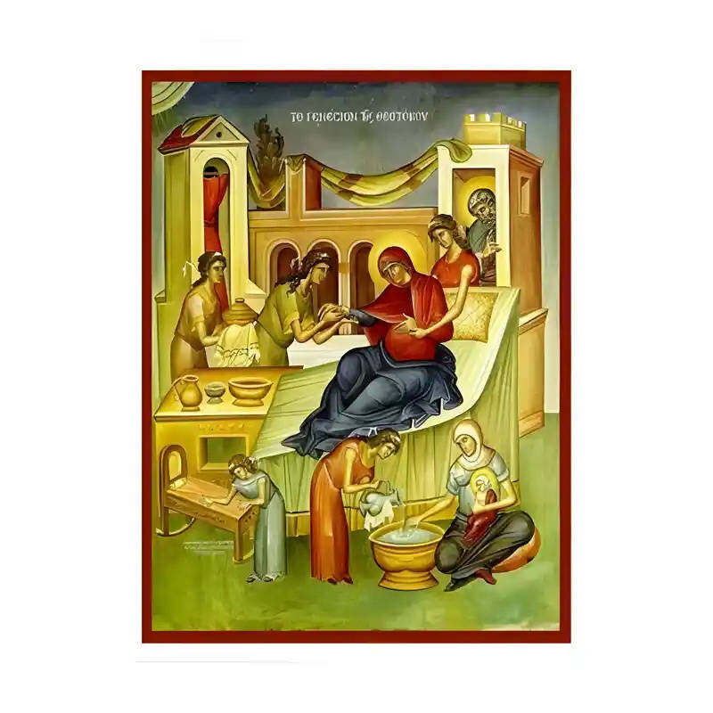 Σετ των 2 Εικόνα Ορθοδοξίας με περίγραμμα χρυσό σε ξύλο Φλαμουρίας  με  βάση Εικόνα Γέννηση της Θεοτόκου Χειροποίητη Ελληνορθόδοξη , Κρεμαστή πλάκα βυζαντινής τέχνης, χριστιανική τέχνη Διάσταση 10x7 cm (3,9 x 2,8 ίντσες) INTRAEK-671353
