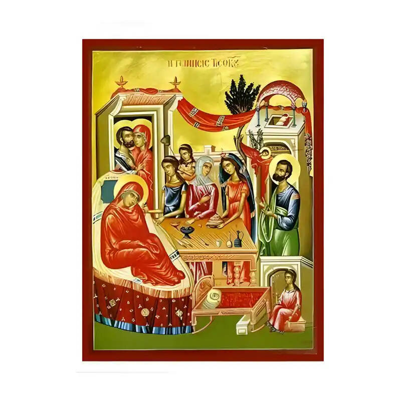 Σετ των 2 Εικόνα Ορθοδοξίας με περίγραμμα χρυσό σε ξύλο Φλαμουρίας  με  βάση Εικόνα Γέννηση της Θεοτόκου Χειροποίητη Ελληνορθόδοξη , Κρεμαστή πλάκα βυζαντινής τέχνης, χριστιανική τέχνη Διάσταση 10x7 cm (3,9 x 2,8 ίντσες) INTRAEK-671352