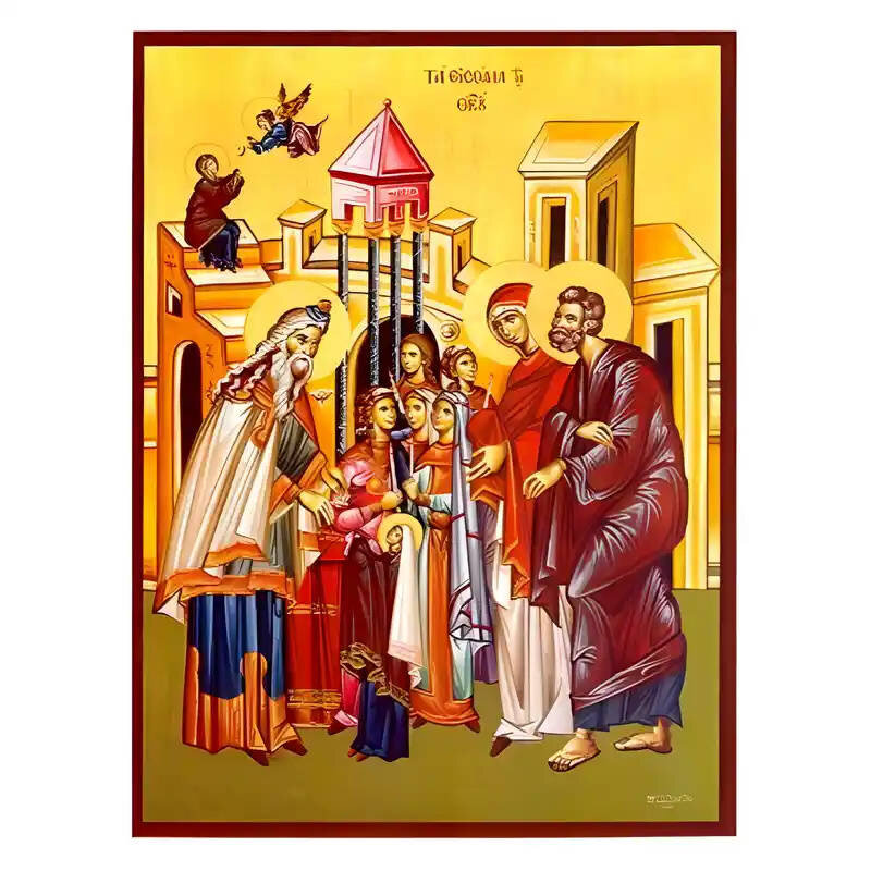 Σετ των 2 Εικόνα Ορθοδοξίας με περίγραμμα χρυσό σε ξύλο Φλαμουρίας  με  βάση Εικόνα Εισόδια της Θεοτόκου Χειροποίητη Ελληνορθόδοξη , Κρεμαστή πλάκα βυζαντινής τέχνης, χριστιανική τέχνη Διάσταση 10x7 cm (3,9 x 2,8 ίντσες) INTRAEK-671351