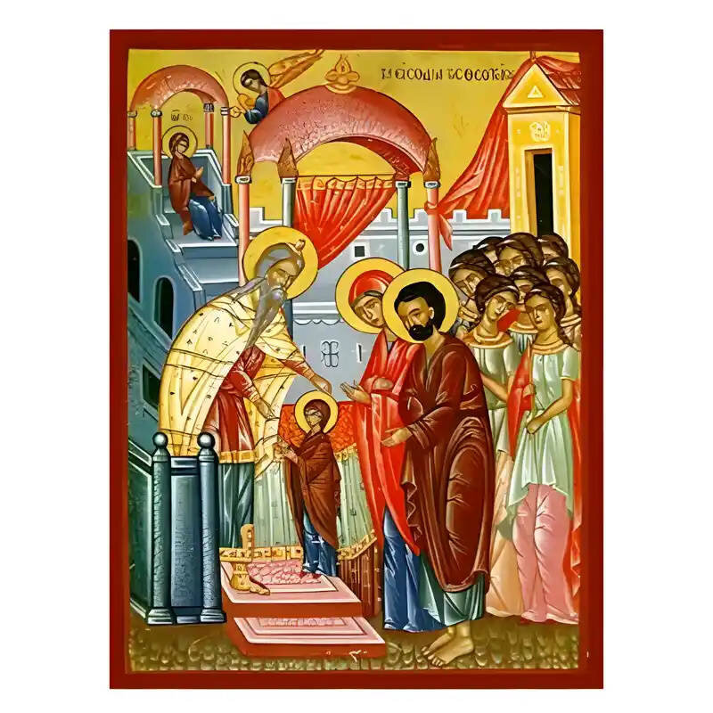 Σετ των 2 Εικόνα Ορθοδοξίας με περίγραμμα χρυσό σε ξύλο Φλαμουρίας  με  βάση Εικόνα Εισόδια της Θεοτόκου Χειροποίητη Ελληνορθόδοξη , Κρεμαστή πλάκα βυζαντινής τέχνης, χριστιανική τέχνη Διάσταση 10x7 cm (3,9 x 2,8 ίντσες) INTRAEK-671350